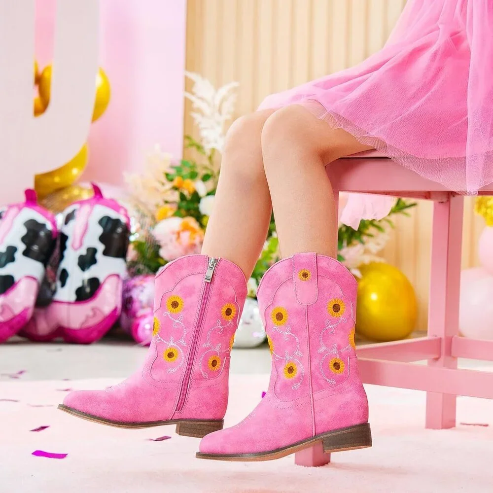 ⚡Girls Rose Pink Floral Embroidered Cowgirl Boots Western Square Toe Mid Calf